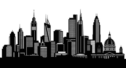 Fototapeta premium iconic modern city skyline silhouette featuring diverse skyscrapers and classic domed architecture ideal for urban development concepts