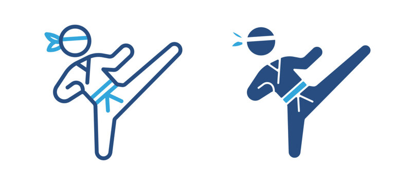 Martial arts kick icon set. Athlete performing high kick in martial arts training, taekwondo or karate combat sport concept. Vector illustration.