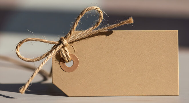 Blank kraft paper tag tied with natural jute twine on wooden surface