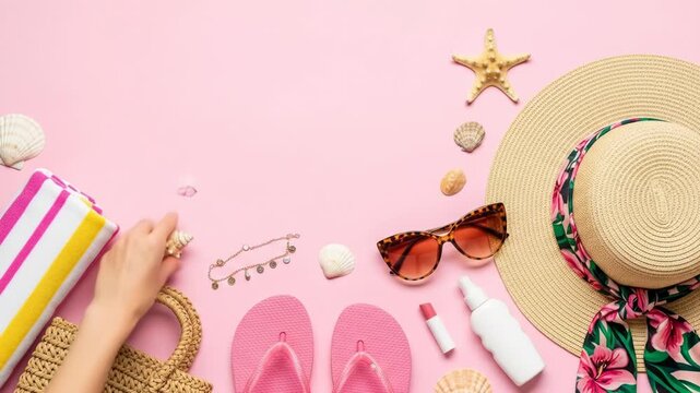 A colorful flat lay of summer accessories on a pink background