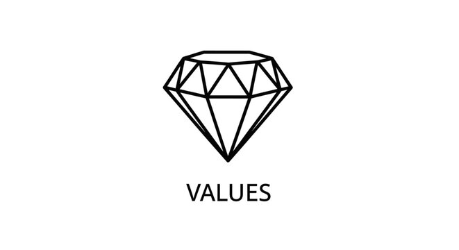 minimalist line art diamond icon with the word values representing core principles and ethics for business or personal growth.