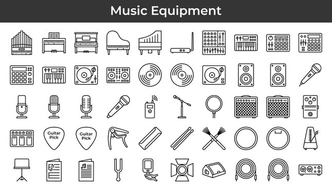Sound making devices used in orchestras bands and solo performances illustrated as minimal outline icons representing diverse