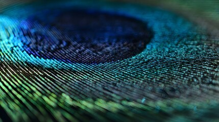 Fototapeta premium Iridescent peacock feather close up reveals stunning blues greens shimmering beauty nature macro photography