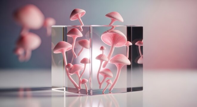 Pink mushrooms in a transparent cube stylized illustration with soft focus background