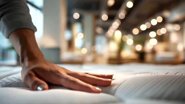 Close-up of a faceless hand from above pressing gently into a bright white mattress surface to test firmness and support, fine mattress fabric texture visible in sharp detail at