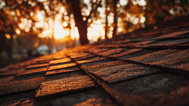 Roof shingle surface with sunlight and blurred tree background