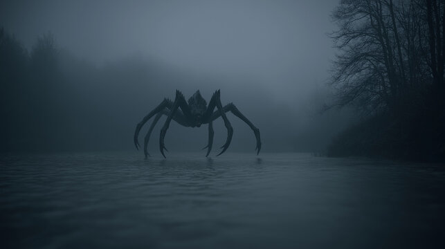 Scary Spider Monster in Foggy Water, Dark Horror Landscape with Eerie Atmosphere