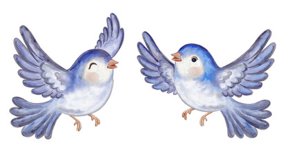 Fototapeta premium Watercolor set of flying blue birds. Hand-painted cute characters with wings spread, isolated on white background. Perfect for nature-themed design, nursery art, and cards