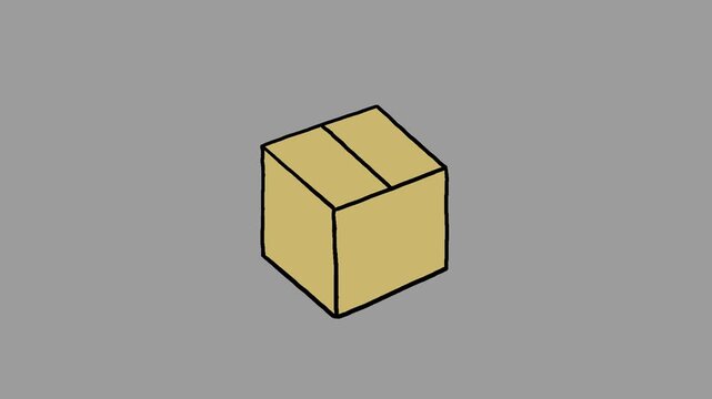 Cardboard paper typical light brown box falling down isolated. Cartoon movie animation element linear black outline version.