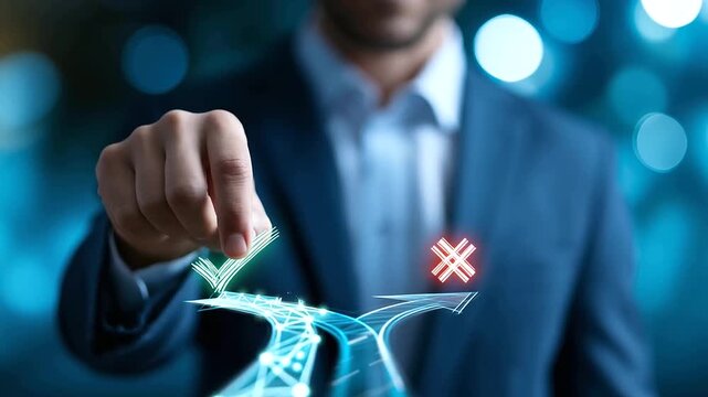 Abstract concept visualization of a businessman choosing between right and wrong symbols, a glowing green checkmark and a vivid red cross floating above two distinct pathway