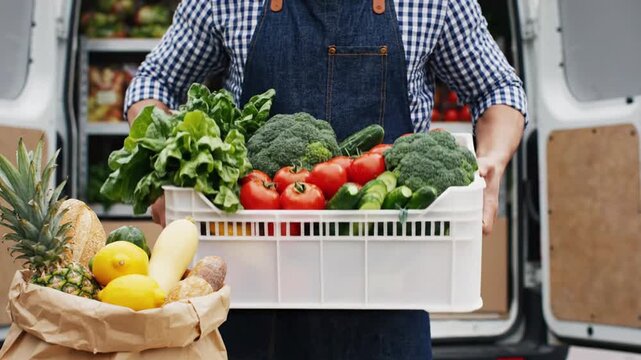 Man holding crate of fresh vegetables and fruits at market