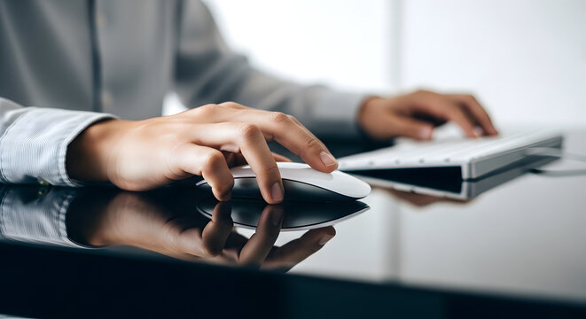 Close up of a businessman using a computer mouse on a reflective dark desk
