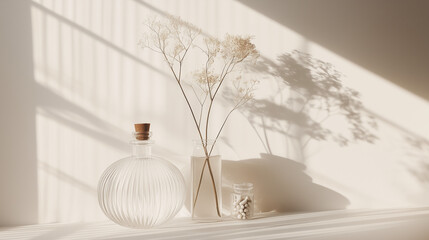 Minimalist wellness still life with glass bottle, dried flowers, and small jar of capsules in soft natural sunlight. Concept of holistic health, natural remedies, and calm lifestyle