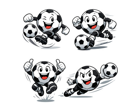 Happy soccer ball mascots running, jumping and kicking. Funny football characters isolated on white background.