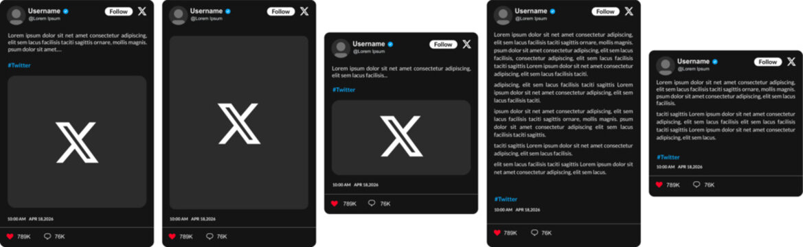 Dark mode publishing design and interface for the Twitter X platform, minimalist microblogging design for social networks with follow button, vector of trending tweets on dark background