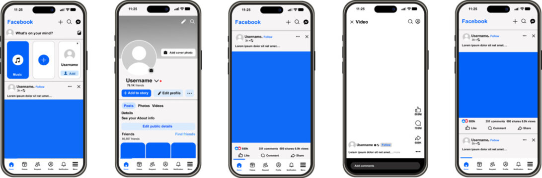 Facebook mobile app interface design and profile design, social media feed with video and story features, user interfaceuser experience (UIUX) of modern social media platform for smartphones
