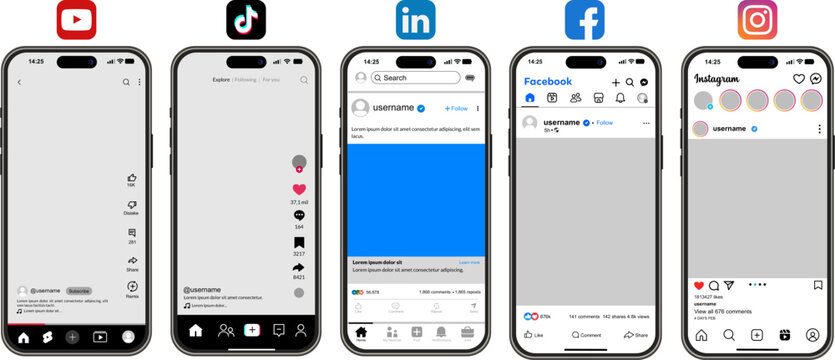 Interface sets of major social media applications, interface icons for YouTube, TikTok, LinkedIn, Facebook and Instagram, global digital communication platforms
