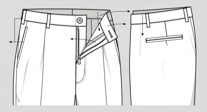 Technical Fashion Sketch of Men's Trousers with Zipper and Pocket Details