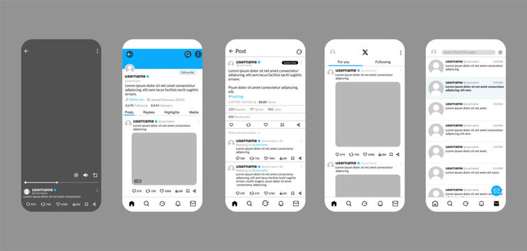 Professional designs for Twitter social media feeds, profile pages and direct message interfaces, and content display in dark and light mode