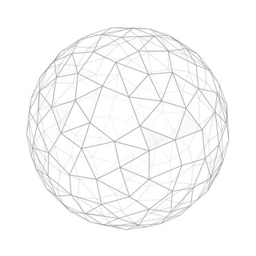 Light gray abstract polygon sphere with airy triangular mesh and soft geometric depth on white background.