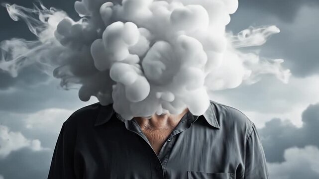 Man with cloudy thoughts standing alone in a stormy sky with smoke