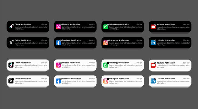 User interface design for push notifications in major social applications, alert messages in dark and light mode, mobile operating system interaction elements