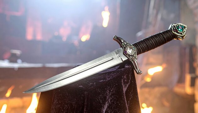 An elegant silver dagger with an intricately jeweled hilt rests gracefully on a luxurious dark velvet cloth, evoking tales of ancient power and mystery.