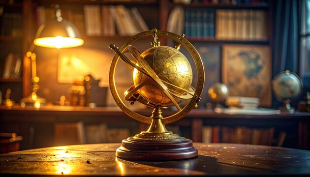 An exquisite gilded astronomical instrument, resembling an antique astrolabe or orrery, rests elegantly on a polished wooden desk in a scholarly library.