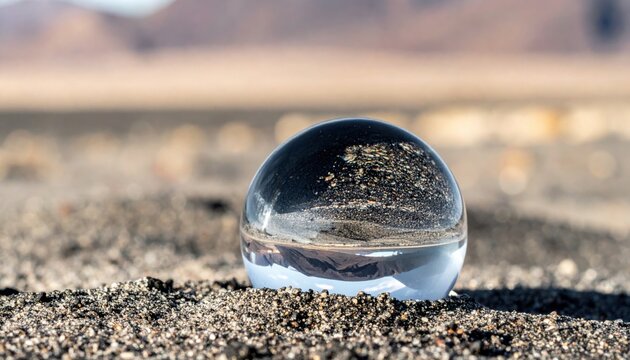A pristine clear crystal sphere captivatingly refracting an inverted volcanic landscape, prominently sitting on dark granular ground under bright daylight.