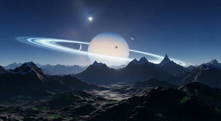 Fototapeta premium View of Saturn with rings and moons above mountain landscape at night