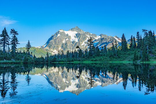 Snow-capped Mount Baker reflected in mirror lake surrounded by evergreen forest in Washington State. The calm water creates a near-perfect mirror image of the rugged peak under a clear blue sky.