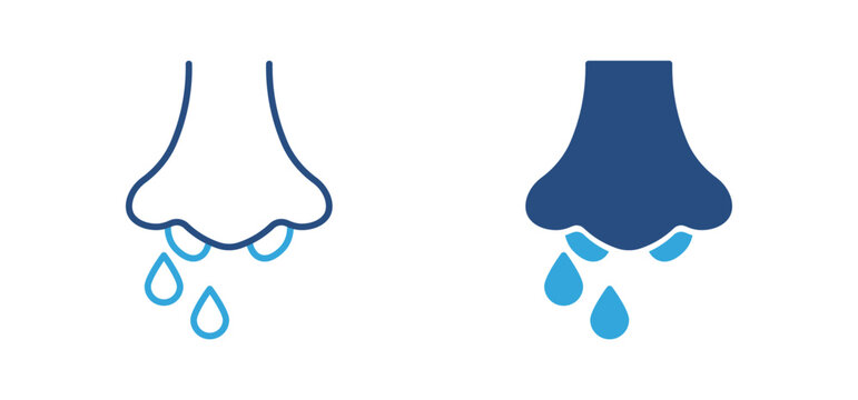 Runny nose icon set. Human nose with dripping drops, cold flu symptom and health illness concept. Vector illustration.