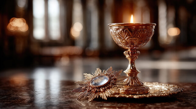 Golden monstrance on an altar. Displaying the consecrated host for Eucharistic adoration in a dimly lit Catholic church. Symbolizing reverence. Faith. Corpus Christi
