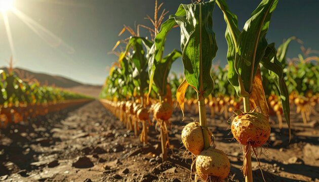 Genetically engineered hybrid crops with corn-like stalks and large root vegetables grow robustly in a field, demonstrating remarkable resilience for extreme climates.