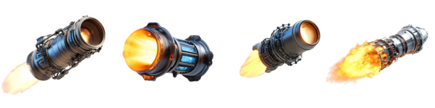 3D Rocket Thruster Engine Flame Effect Set Futuristic Jet Propulsion Fire Blast Sci Fi Technology Collection Isolated on transparent background