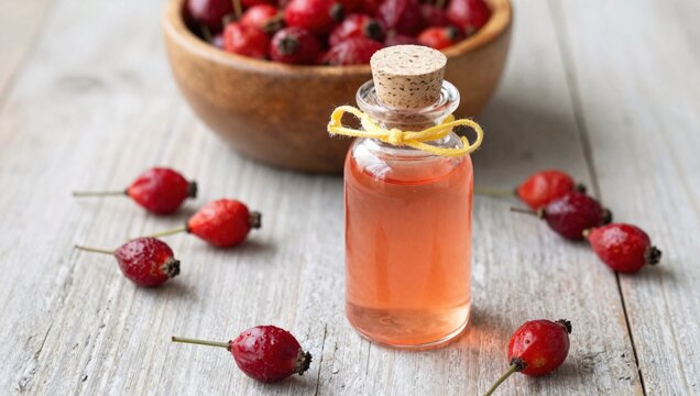 Rosehip oil in a glass bottle with cork stopper and bowl of rosehips on wooden table