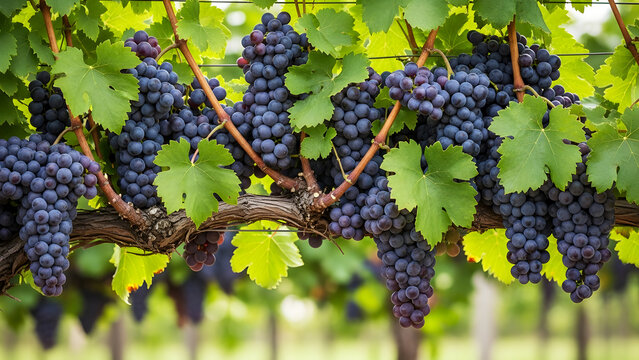 Abundant clusters of ripe purple grapes hanging on vineyard trellis