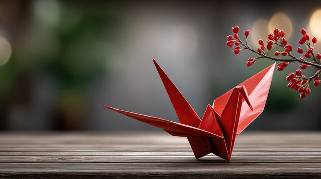 Red origami crane symbolizing peace, hope, and healing, standing on a rustic wooden table with vibrant red berries branch for Japanese culture and tradition