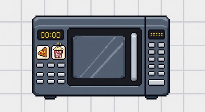 A retro-style 8-bit pixel art illustration of a dark grey microwave oven. The interface features a yellow digital clock set to 00:00, two preset buttons with pizza and popcorn icons.