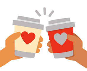 Obraz premium Two hands holding takeaway coffee cups with heart sleeves in a friendly toast. Flat vector concept for cafe culture, dating, friendship, love and warm social connection.