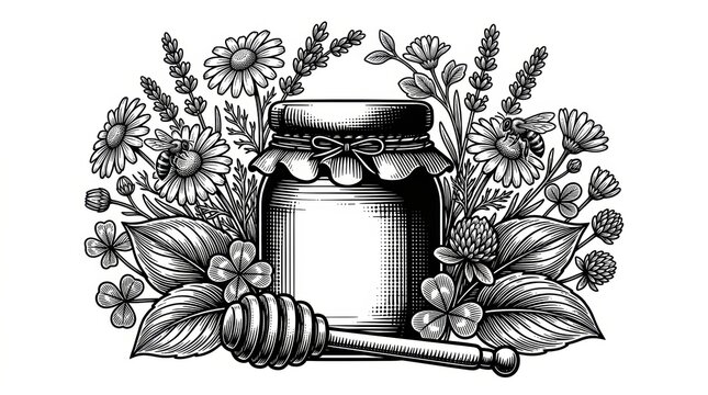 Honey Jar with Honey Dipper Surrounded by Flowers and Leaves, Charming Nature Composition, Sketch Engraving Vector Illustration, Generative AI