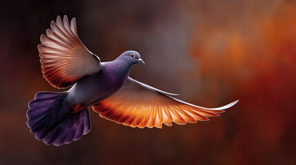 Fototapeta premium Dove with spread wings displaying a radiant spectrum of warm colors, representing profound spiritual concepts like Pentecost, hope, and divine guidance. Pentecost