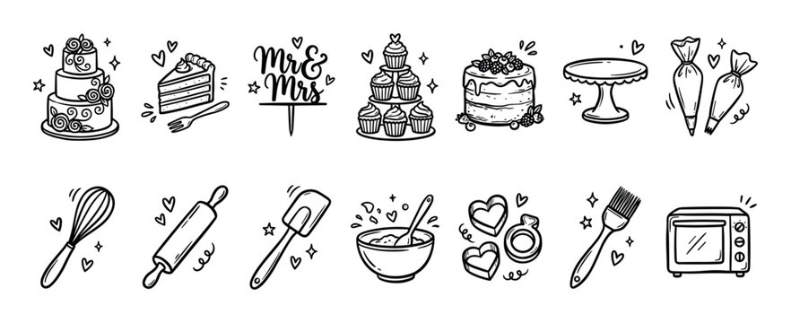 Hand-drawn wedding baking and confectionery icons set with a tiered cake, cupcakes, and pastry tools in a cute black and white doodle line art style for celebration designs