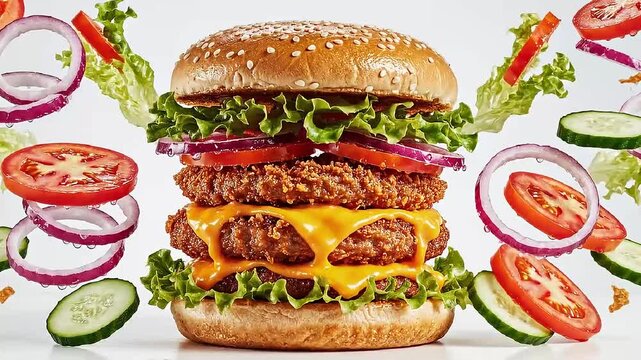 Double chicken burger floating with exploding fresh vegetable slices