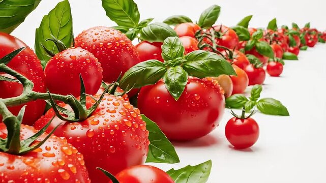 Fresh red tomatoes with green basil leaves in a dynamic row on white surface