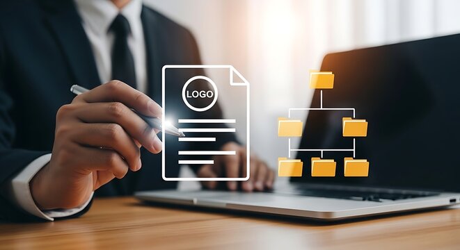 Businessman holding pen with document and folder on desk suit document folder flowchart