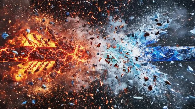 Vibrant orange and blue explosion of fire and ice collide in space