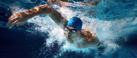 Professional swimmer underwater performing butterfly stroke with sun flare