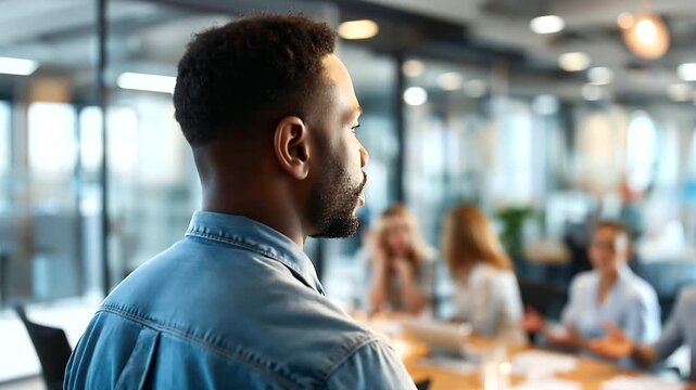 Wide bright of a faceless team leader from behind in a bright modern office, surrounded by engaged team members leaning in attentively, the leader's open and empathetic