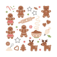 Obraz premium Gingerbread men, women, bear, deer, and Christmas tree cookies with baking ingredients, rolling pin, and sprinkles